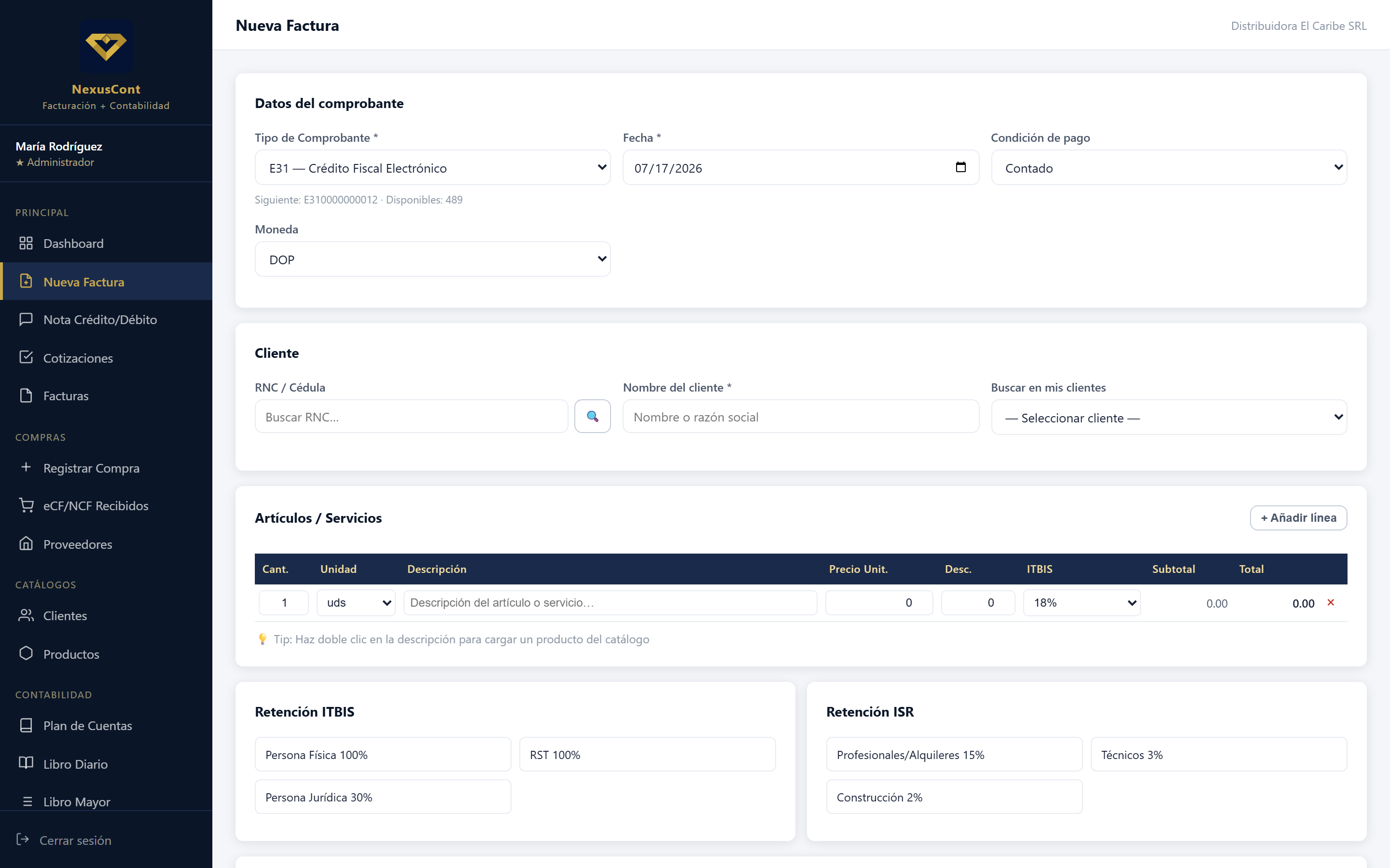 Nueva factura: cliente, productos, ITBIS y retenciones en una pantalla