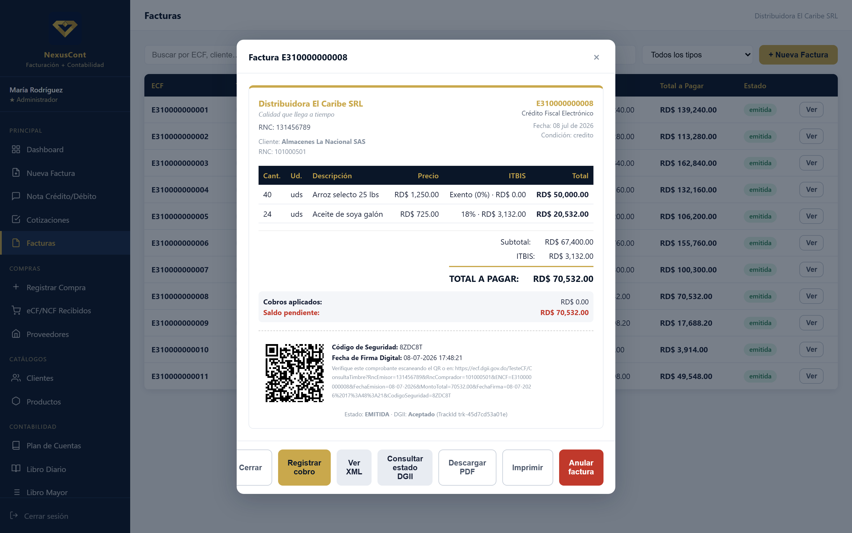 Comprobante e-CF en NexusFact con QR, código de seguridad, cálculo de ITBIS/retenciones y estado de transmisión a la DGII
